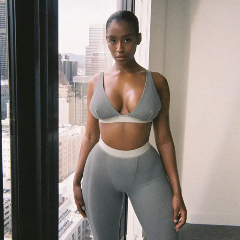 Women's V-neck Sports Yoga Cotton Solid Color Two-piece Set