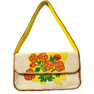Floral Beaded Shoulder Bag – Handmade Yellow Flower Purse
