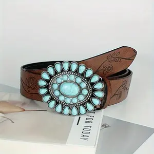 Boho Oval Turquoise Buckle Belts Vintage Brown Embossed PU Leather Waistband Classic Western Belt For Women daily use