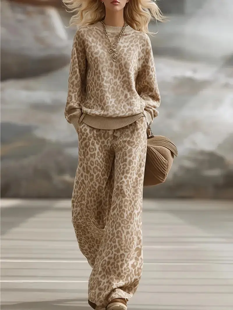 Brown Leopard Print Suit Long-Sleeved Fitted Hoodie Retro Versatile Casual Pants Set for Women