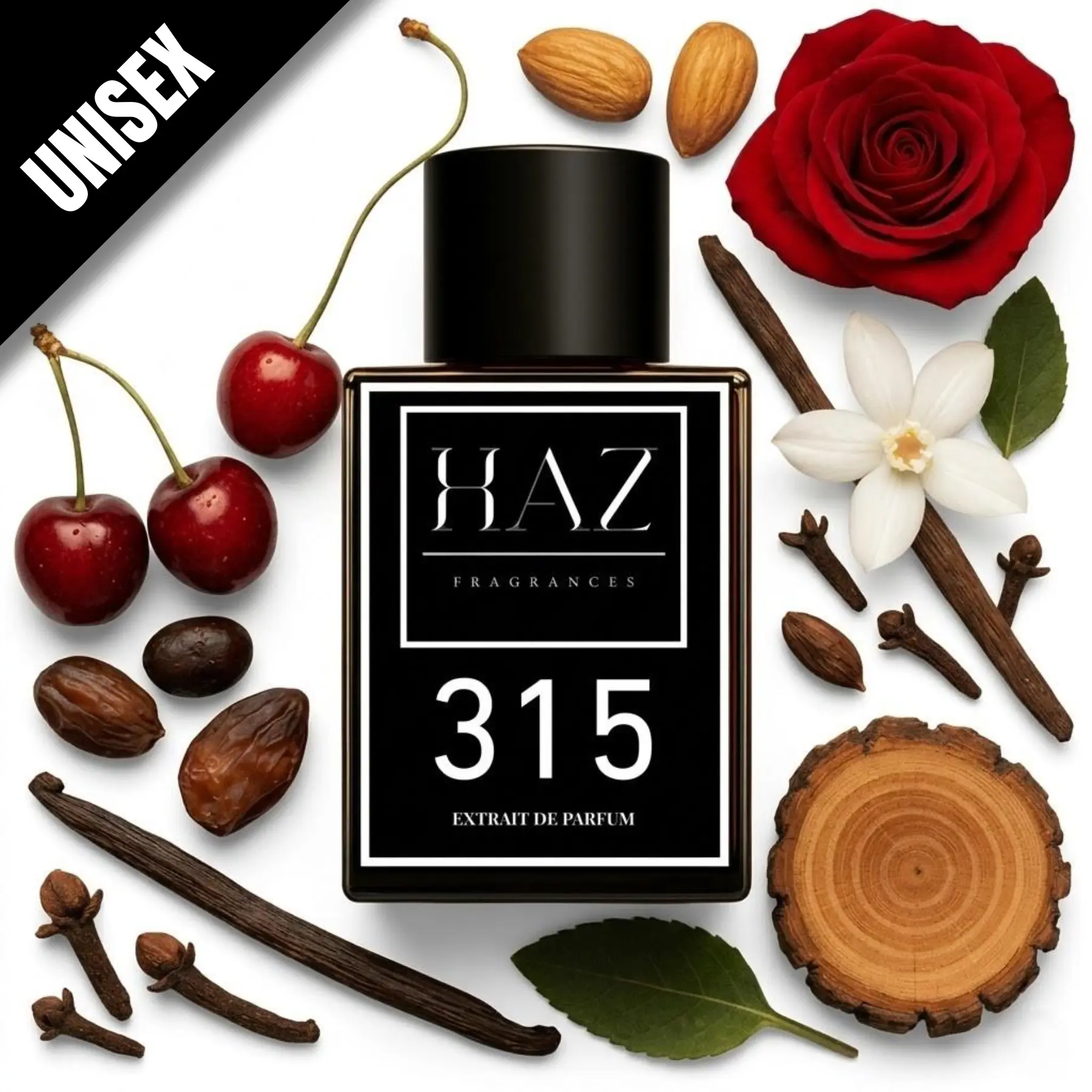 HAZ FRAGRANCES 315 Extrait de Parfum Spray, Long-Lasting Gourmand Sweet Cherry Woody Amber Fragrance for Confident, Elegant Unisex Personalities, Gourmand Fragrance