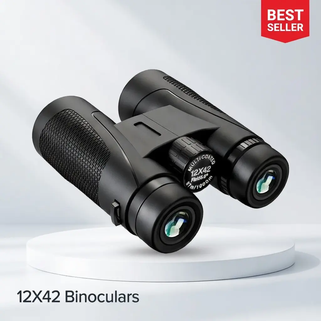12x42 High Power Binoculars with BAK4 Roof Prism, Fully Multi-Coated Reflective Green Film Lenses, Low-Light Vision Support, Lightweight for Bird Watching & Camping, 5.6° Field Of View, Low-Light Lens