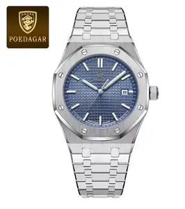POEDAGAR Men's Stainless Steel Watch: Silver Dial, Day-Date, Quartz Waterproof Wristwatch Business Wristwatch