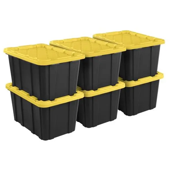 Sterilite Large Plastic Storage Bin - 27 Gal Durable Tote with Snap-On Lid, Black and Yellow, 6-Pack (Home Organizer for Home Supplies)