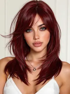 16 Inch Long Straight Wigs for Women, Gorgeous with Blunt Bangs, Synthetic Full Machine Wigs for Party, Daily Use, Machine Made Wig, Synthetic Material Wigs