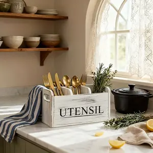 Large Capacity Compartment Storage Box Detachable Board Kitchen Utensil Organizer for Knives Forks Spoons Chopsticks, Durable & Space-Saving Design, Countertop Storage Container
