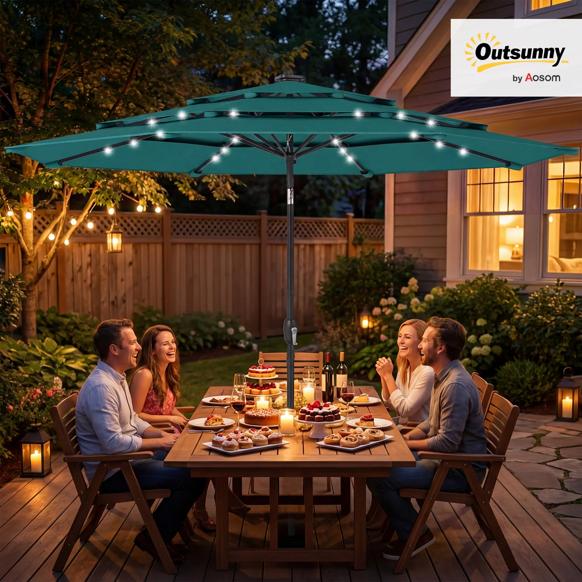 Outsunny 9.7 ft Outdoor Patio Umbrella with 32 Solar LED Lights, 3 Tier Outdoor Table Market Umbrella with Tilt and Crank, 8 Ribs for Garden, Deck, Yard, Poolside