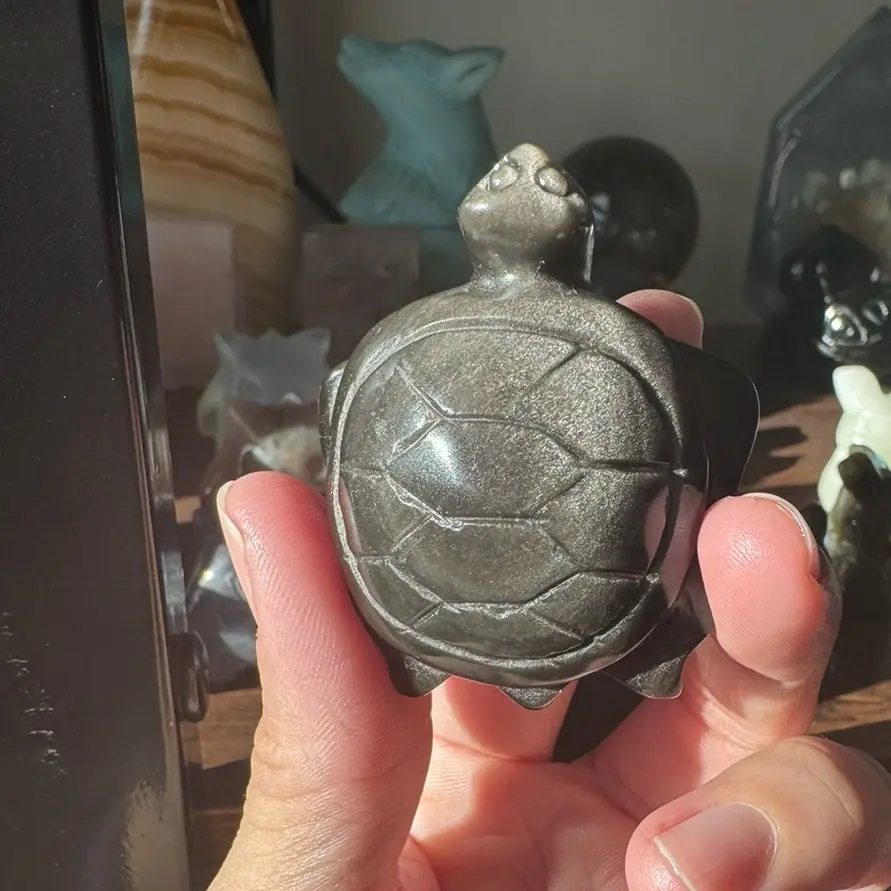 Silver obsidian crystal turtle carvings