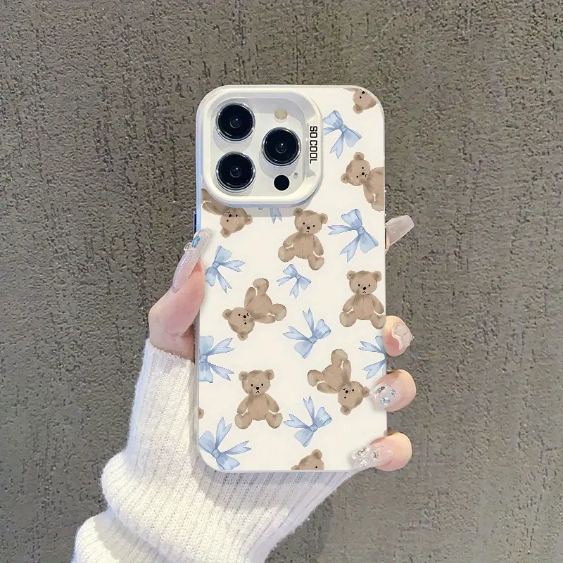 Fashionable bowknot bear pattern phone case, simple and trendy shockproof silver protective cover. Compatible with iPhone 17/16/15/14/13/12/11/X/XS/XS Max/XR/7 Plus/8 Plus/16E, suitable as a gift for various occasions., Accessories, Smartphone, Cellphone,