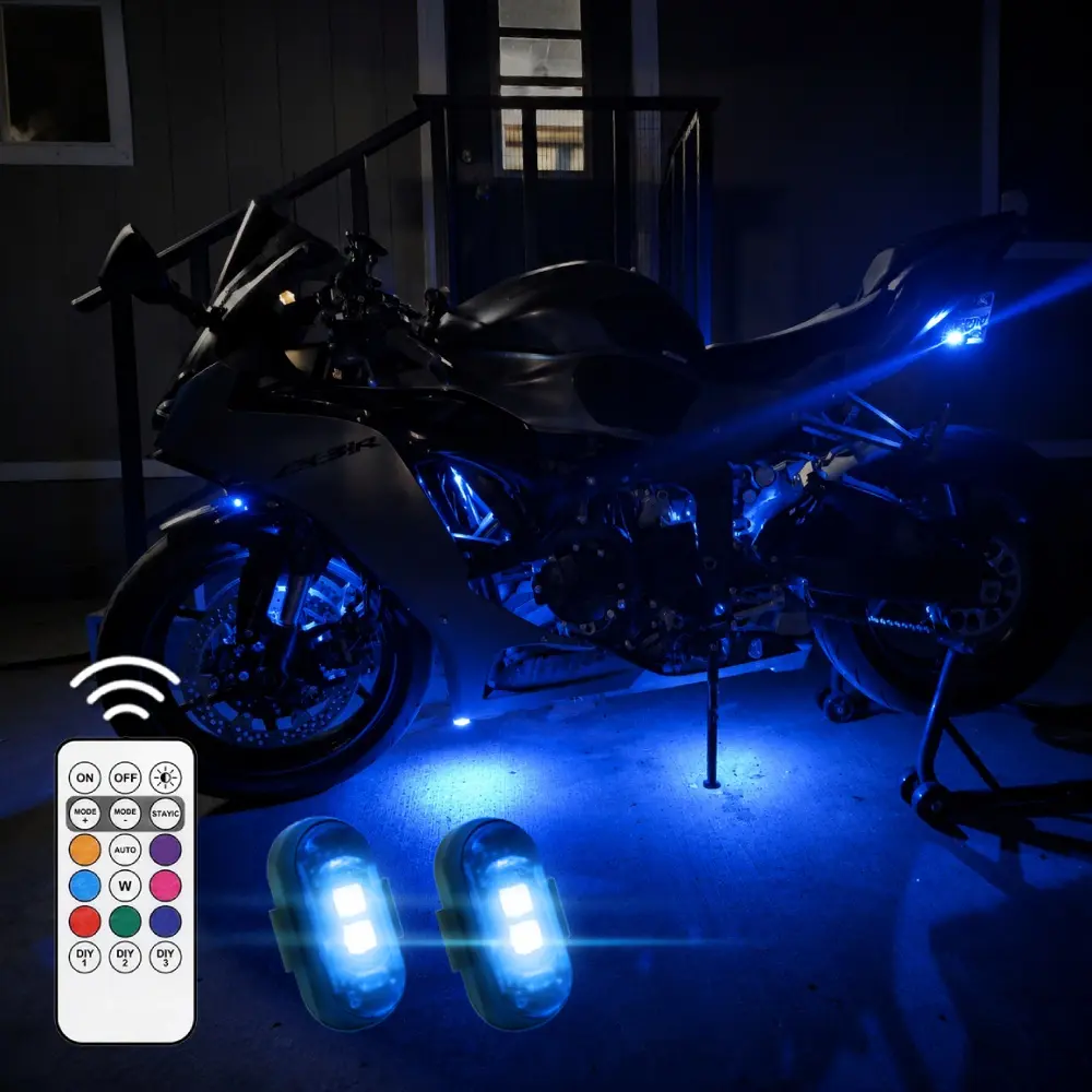 RGB Motorcycle Accent Lights for Bike Car Truck SUV, 10 Mode Wireless LED Atmosphere Lights, Interior Exterior Ambient Lighting Accessories, DIY Waterproof Decorative Work Light, Underglow Rock Light Style Accent Kit, USB Rechargeable Remote Control
