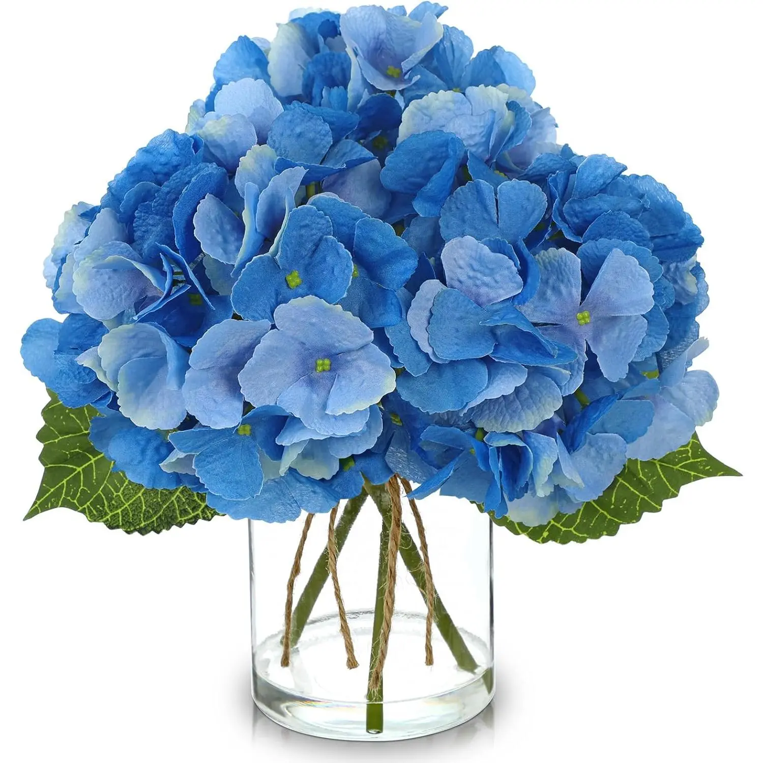 DILATATA Hydrangea Artificial Flowers with Glass Vase, Blue Real Touch Silk Hydrangea Arrangement with Faux Water, Small Faux Floral Centerpiece for Home Decor, Wedding, Bathroom, Shelf, Coffee Table