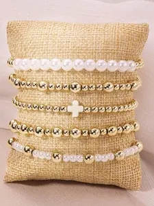 5Pcs/Set Bohemia Golden Beaded Bracelets For Women Faux Pearl Trendy Stack Bangle Stackable Stretch Bead Ball Bracelet Cross Jewelry Set Gifts For Woman Teen Girls Valentine's Day Jewelry Gifts