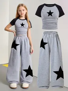 Trendy Star Print Kids 2-Piece Set, Raglan Crop Top & Wide Leg Pants, Cool Casual for School & Street Style