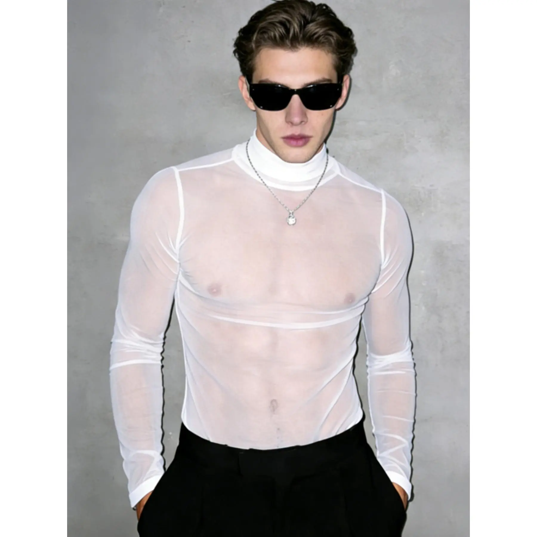 Men's Sexy See-Through Turtleneck Long Sleeve T-Shirt, Mesh Transparent Slim Fit Base Shirt, Perfect for Party and Casual Layering