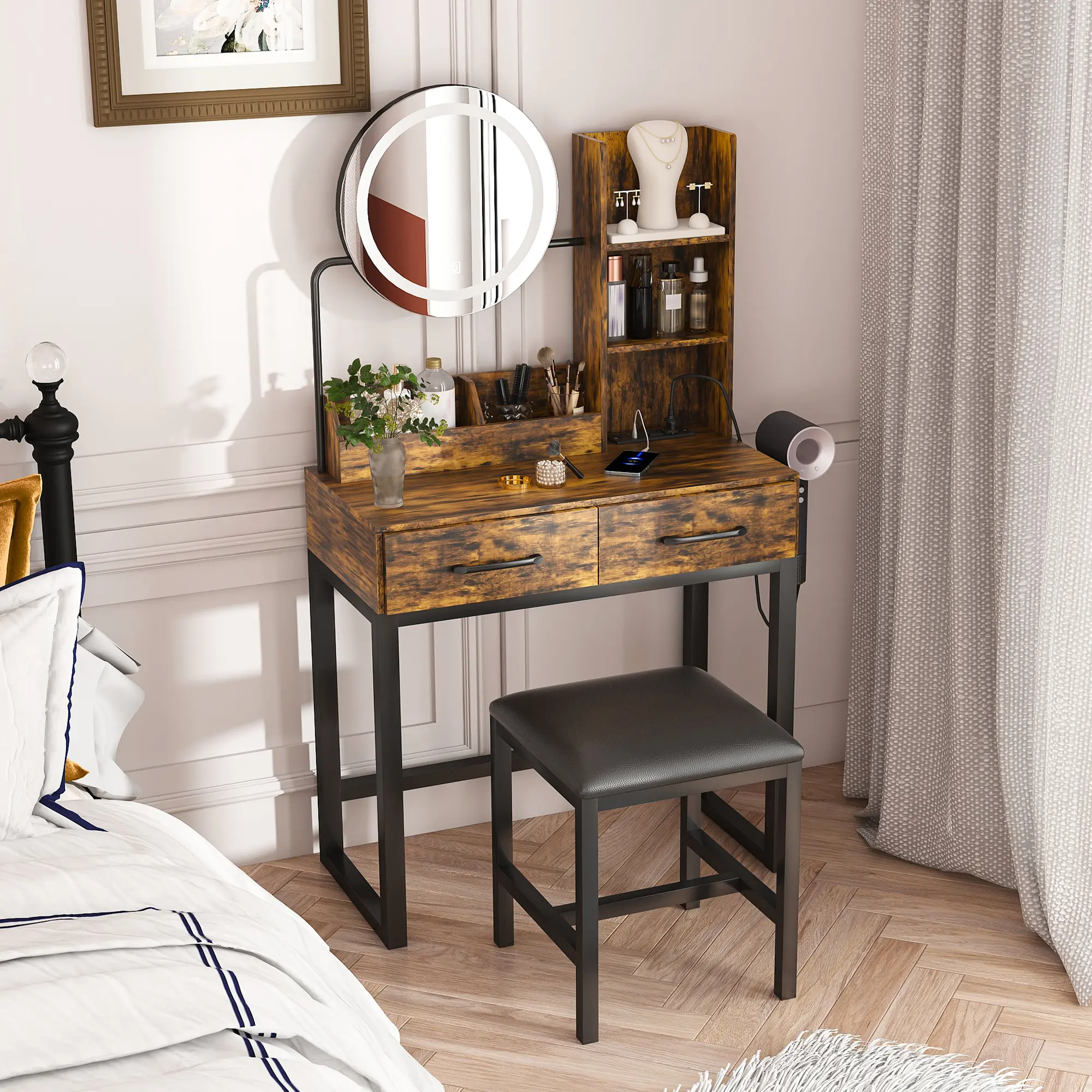 Makeup Vanity with LED Lights & 3-Color Adjustable Mirror, Dressing Table with Power Outlet & 2 Large Drawers, Sturdy Metal Legs & Metal Chair for Bedroom Dressing Room