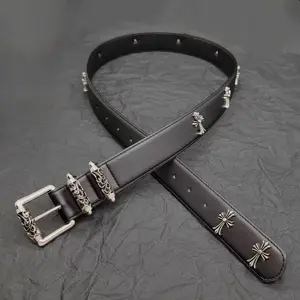 TOP Vintage Vine Carved Cross Buckle Belt Couple Rivet Waist Belt Dark Punk Gothic Stylish Leather Strap for Men Women