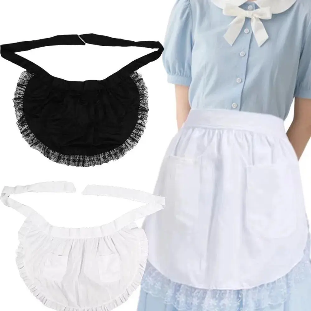 Sexy Vintage Cotton Lace Apron with Two Pockets Ruffled Decor Short Apron Lace Trim Comfortable Waist Lolita Pinafore for Women
