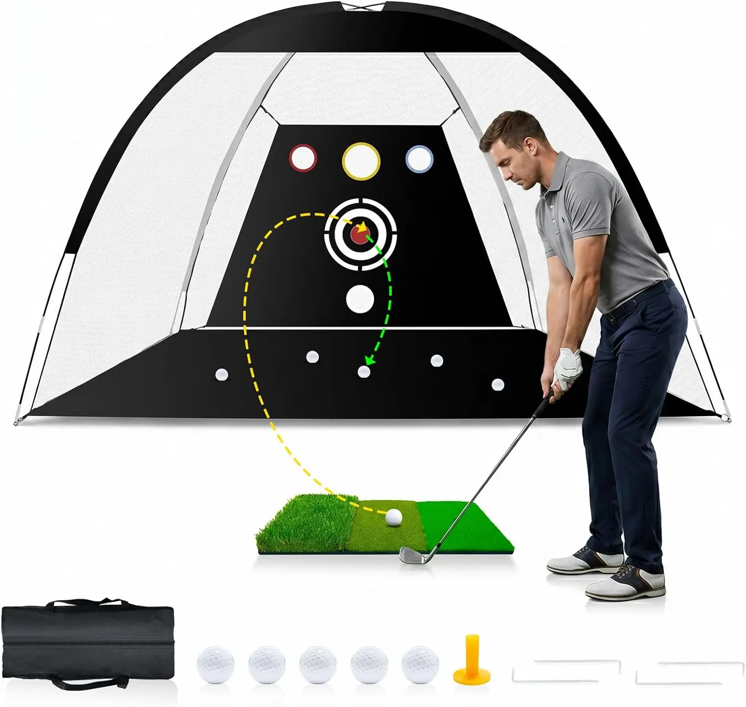 Golf Net,10x7ft Practice Bundle with Tri-Turf Mat & 4-Targets | Durable 420D hitting cages for backyard driving and swing training. Includes 5 balls, tee, and carry bag. Gifts for men.