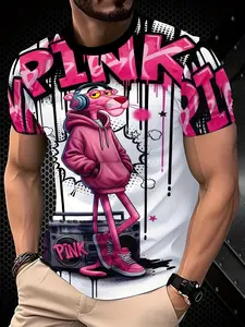 Men's Pink Panther Hip Hop Headphones PINK Graffiti 3D Print Round Neck T-Shirt 2026 Viral Streetwear Casual Street Fashion Street Ins Personality Casual Versatile Slim Fit Muscle Four Seasons Essential Handsome Top