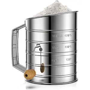 Esvopa Stainless Steel 3-Cup Rotary Hand Crank Flour Sifter for Baking - Fine Mesh Sieve, Agitator, No Clumps, Easy to Use Bakeware Utensils, Baking Accessories, All-Purpose/Cake/Food Safe Sifters