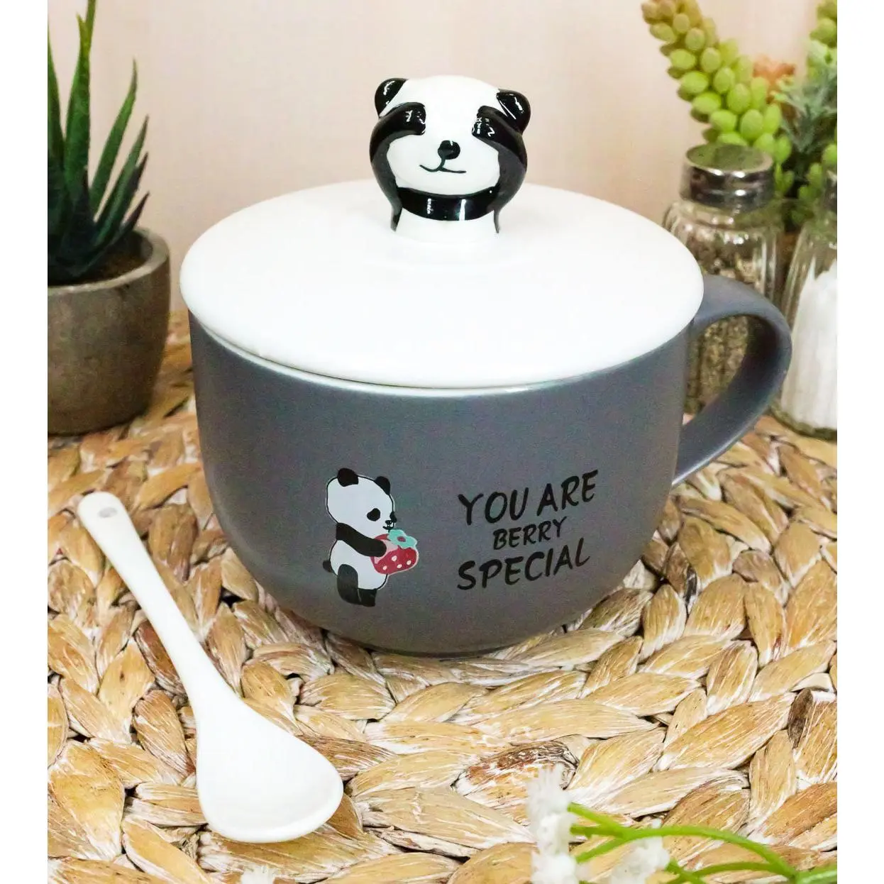 You're Special Peekaboo Panda Bear Gray Ceramic Coffee Mug W/ Spoon And Lid Set