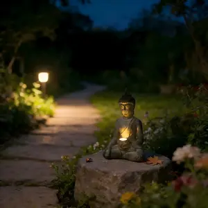 Solar Light Buddha Statue Resin Zen Meditation Decor, Spiritual Garden Figurine Outdoor Lawn Statue for Home Patio Yard Relaxation Night Lights Gift