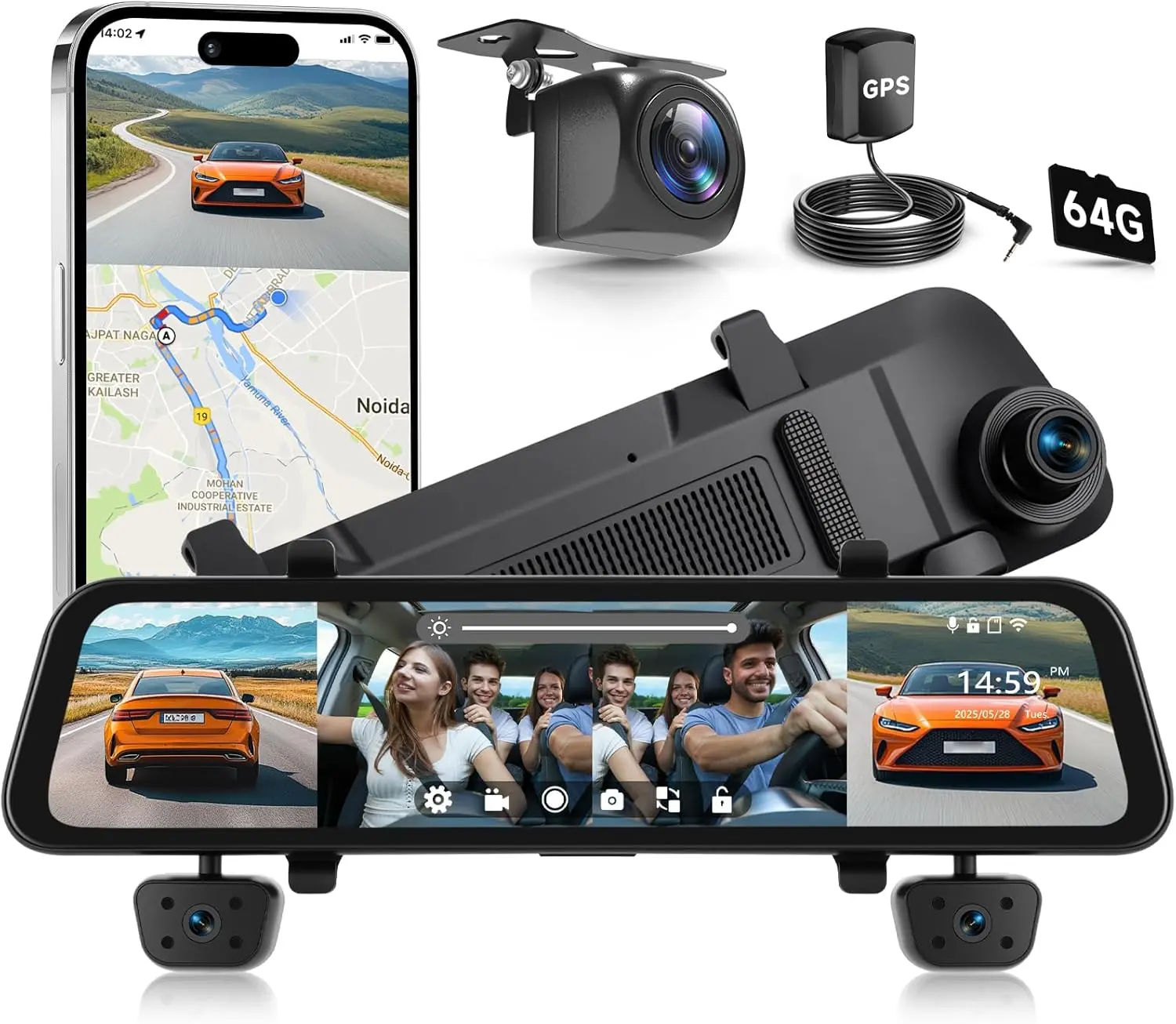 12" HD Touch Screen Mirror Car Dashboard Camera (Automotive Dashcam), 4-Channel 1080P Front/Rear Backup Cam, Wi-Fi Car Dashcam, APP Support, GPS, Night Vision, G-Sensor, Parking Monitor, Reversing Assistance, 64G SD Card