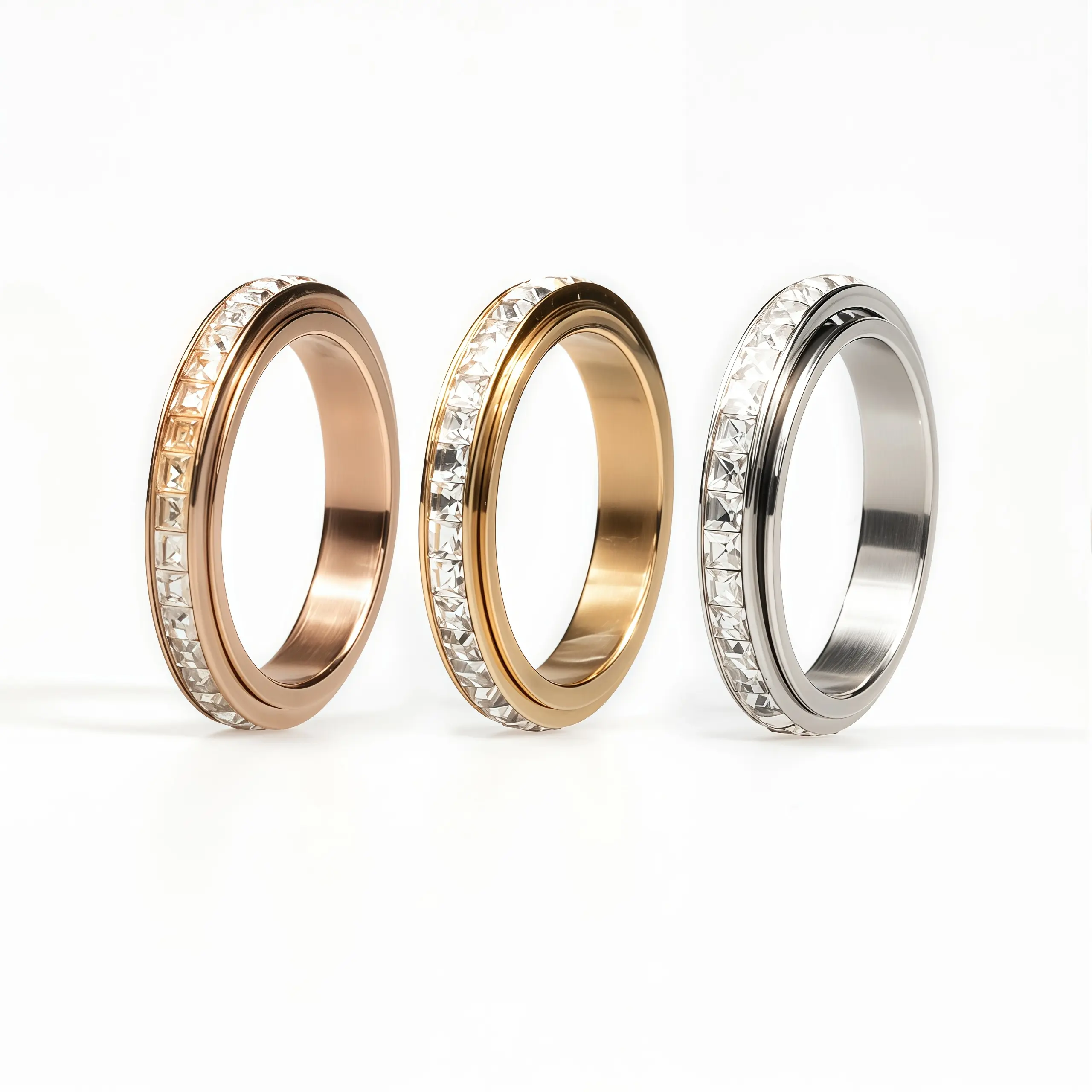 3-Piece Unisex Fidget Rings, Titanium Steel Mechanical Style Spinner Bands with Cubic Zirconia for Stress Relief, Comfort Fit Round Band