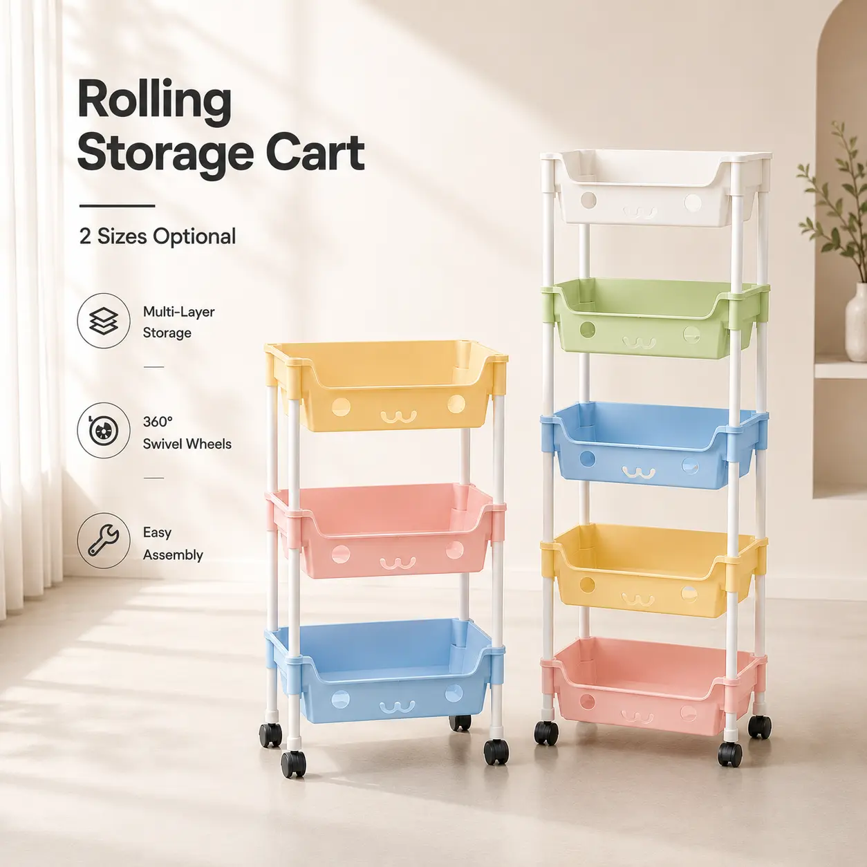 3-tier or 5-tier mobile organizer cart with open baskets