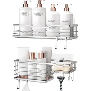 Hblife Self Adhesive Shower Shelves, 2 Pack Shower Caddy with 4 Hooks and Soap Holder, Rustproof Stainless Steel Shower Organizer hblife