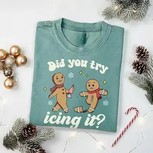 Oversized Gingerbread Christmas T-Shirt, Vintage Washed Did You Try Icing It Graphic Tee, Retro Funny Baking Shirt for Women, Aesthetic Holiday Top, Trendy Festive Apparel, Unique Gift for Her
