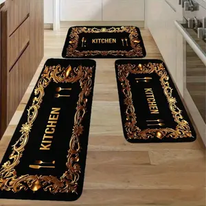 JIT 2/3pcs Kitchen Flannel Gold pattern Decorative carpet Kitchen carpet set, Washable kitchen rugs, flannel bedside set floor mat anti-slip washable bedside soft carpet, suitable for kitchen, laundry room, corridor floor running mat carpet