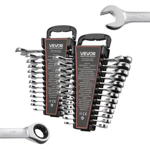 Summervibes VEVOR Combination Wrench Set, 26-Piece SAE and Metric, 72 Teeth, Cr-V Steel Ratcheting Wrench Set, with Rack Organizer, Open End, Clear Size Labels, for General Household, Automotive Repairs, Silver