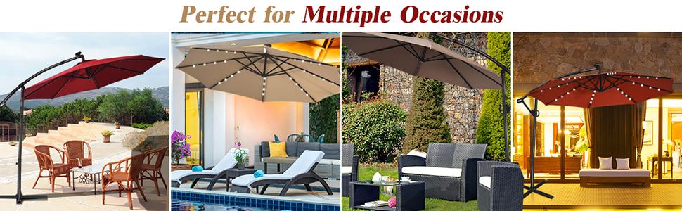 COSTWAY 10 FT 360° Rotating Solar Powered Patio Umbrella, Offset Cantilever Outdoor Umbrella with 360 Degree Rotation, Easy Tilt Adjustment, Crank Handle & Cross Base for Pool Deck Garden Backyard