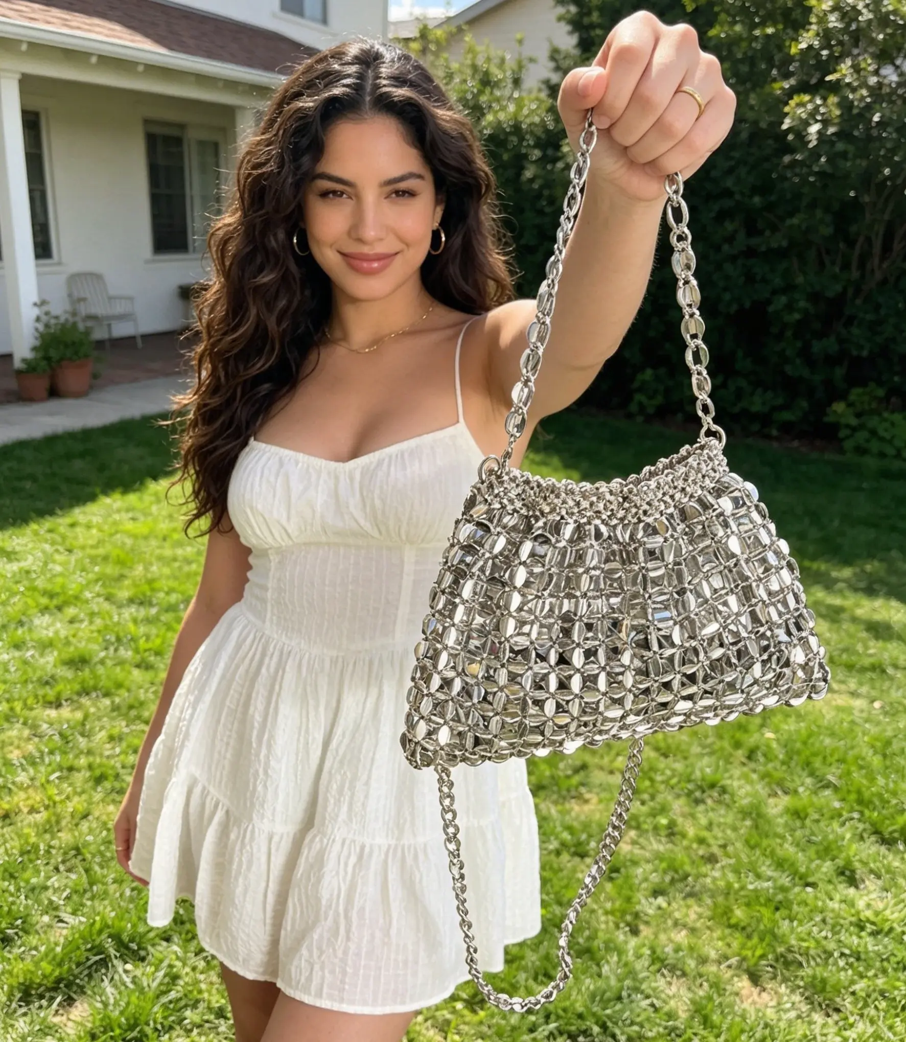 Women's Retro Metallic Silver Underarm Bag - Hand-Woven Beaded Chain Gym Shoulder Bag for Work, Commuting