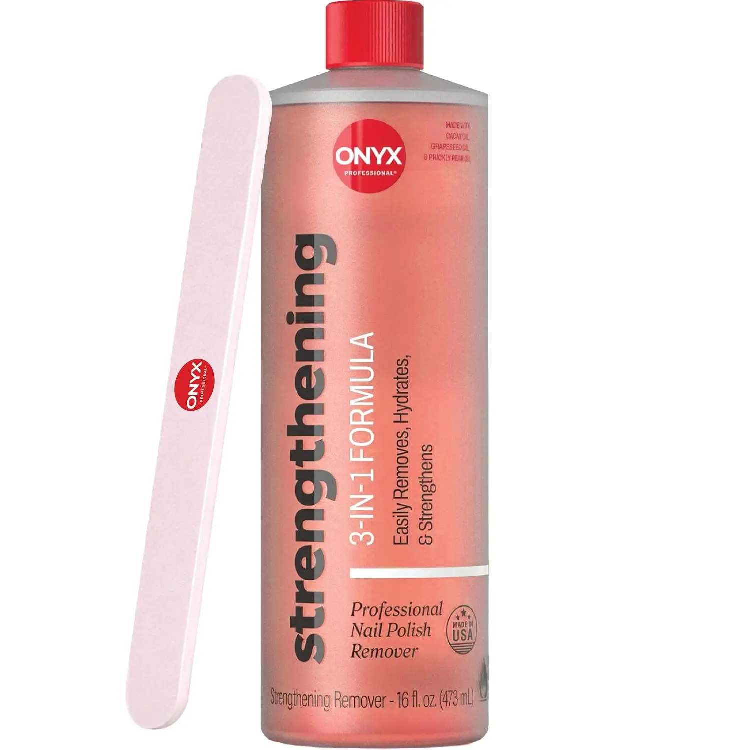 Onyx Professional 3-in-1 Strengthening Nail Polish Remover with 7 inch Nail File, 16 fl oz - Removes Nail Polish, Hydrates, Strengthens Nails | Infused with Grapeseed Oil, Cacay Oil, Cactus Seed Oil