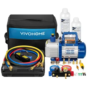VIVOHOME 110V 3/4 HP 7.2CFM 2 Stage HVAC Vacuum Pump and 4 Way AC Manifold Gauge Set Kit with Leak Detector 5ft Hoses for R134a R12 R22 R502 R410a Auto Air Conditioning Refrigeration Recharging