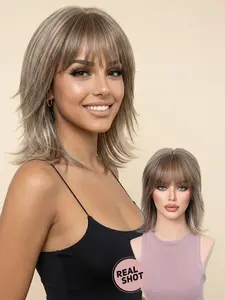 Layered Short Wig with Bangs, Synthetic Heat-Resistant Material, Natural Scalp Effect, Curly Hair, All Seasons Wear, Synthetic Curly Wigs