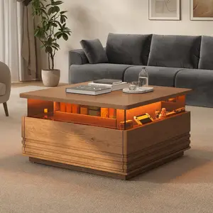 SIKAIC Modern Brown Square Horizontal Coffee Table - LED Lights, Tempered Glass Drawer, Modern Furniture for Home Decor