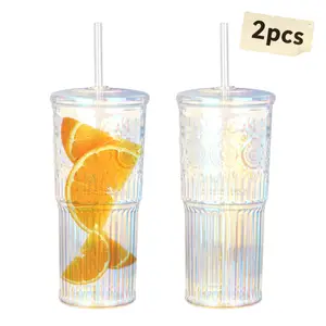 2Pcs All Glass Iced Coffee Cup With Lids and Straws, 24 OZ Rainbow High Borosilicate Glass Tumbler for Water Smoothie Juice Drinks