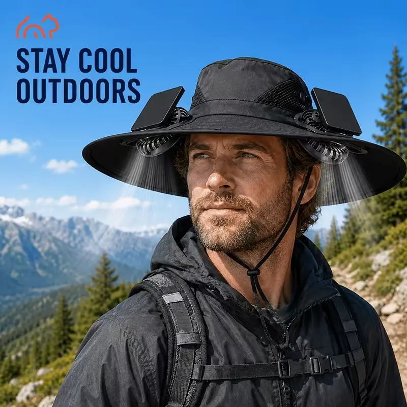 Solar-powered dual-fan sun hat, wide-brimmed outdoor hat with adjustable fan angle, breathable and comfortable, suitable for fishing, hiking, camping and gardening (single hat without fan/double fan).