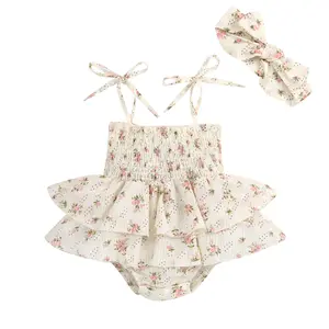 Baby Girl Summer Jumpsuit Set Floral Elasticated Bust Sleeveless Ruffled Romper with Bow Headband