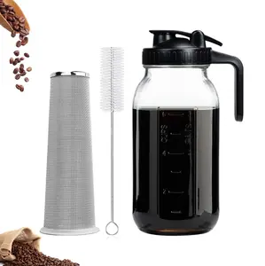 Cold Brew Coffee Maker 64OZ Wide Mouth Jar Pitcher with Stainless Steel Filter Pour Spout Handle Lid Heavy Duty Glass Airtight Leak-Proof Pitcher