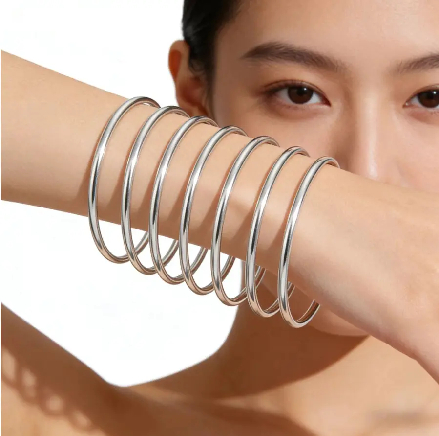 Women's 925 Sterling Silver Stackable Round Hoop Bangle Set, Polished Lightweight Minimalist Metal Wrist Jewelry, Everyday Fashion Accessories for Women, Birthday Gift for Her, Jewelry For Women