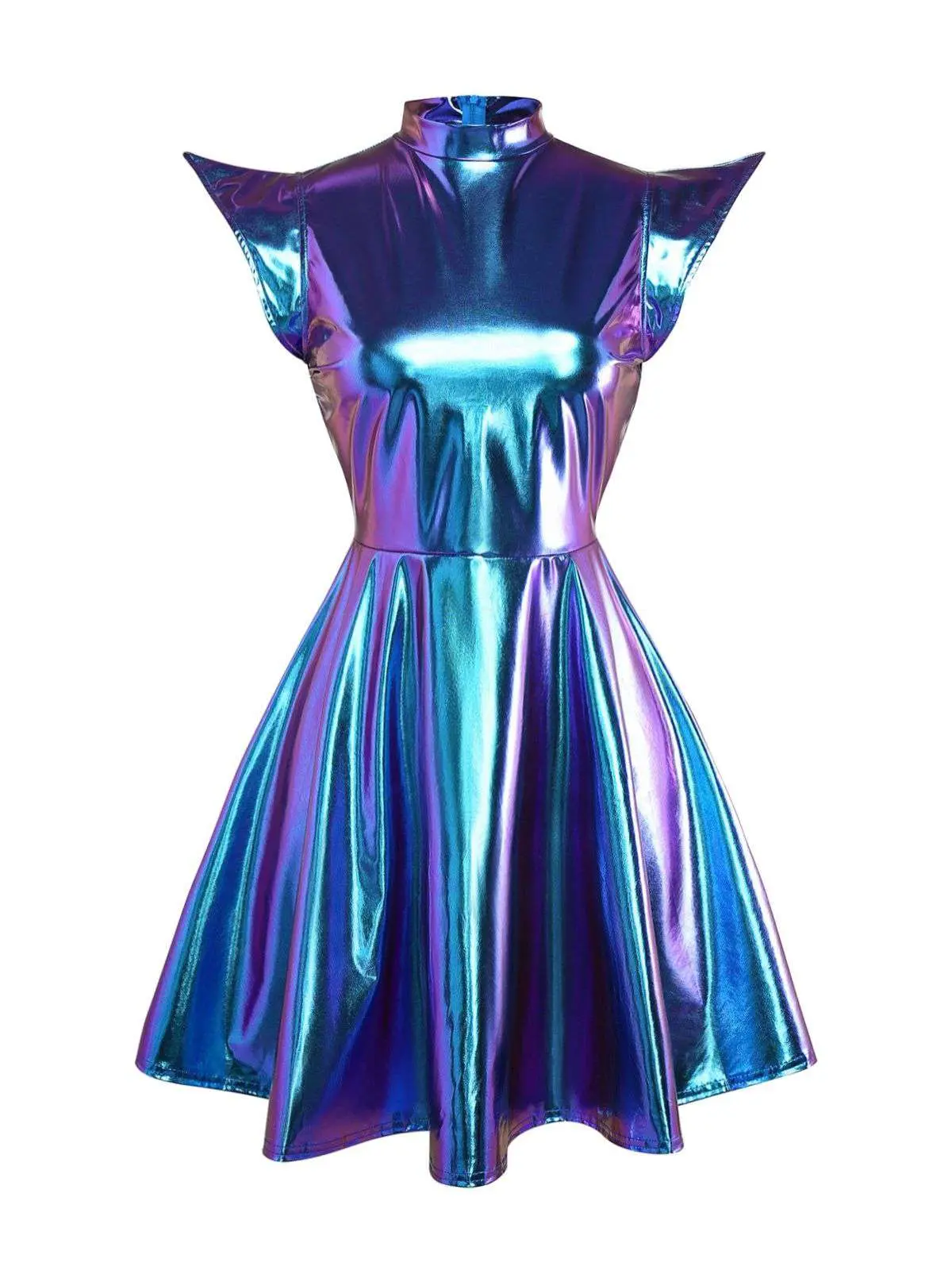 RETRO STAGE Women's 1980s Metallic Mini Dress, Stylish Futuristic Sleeveless Party Dress with Slight Stretch, Stylish Women's Wear, Concert Wear, Above Knee, Going Out Outfit, Sleeveless Freedom, Sci‑Fi Retro Edge
