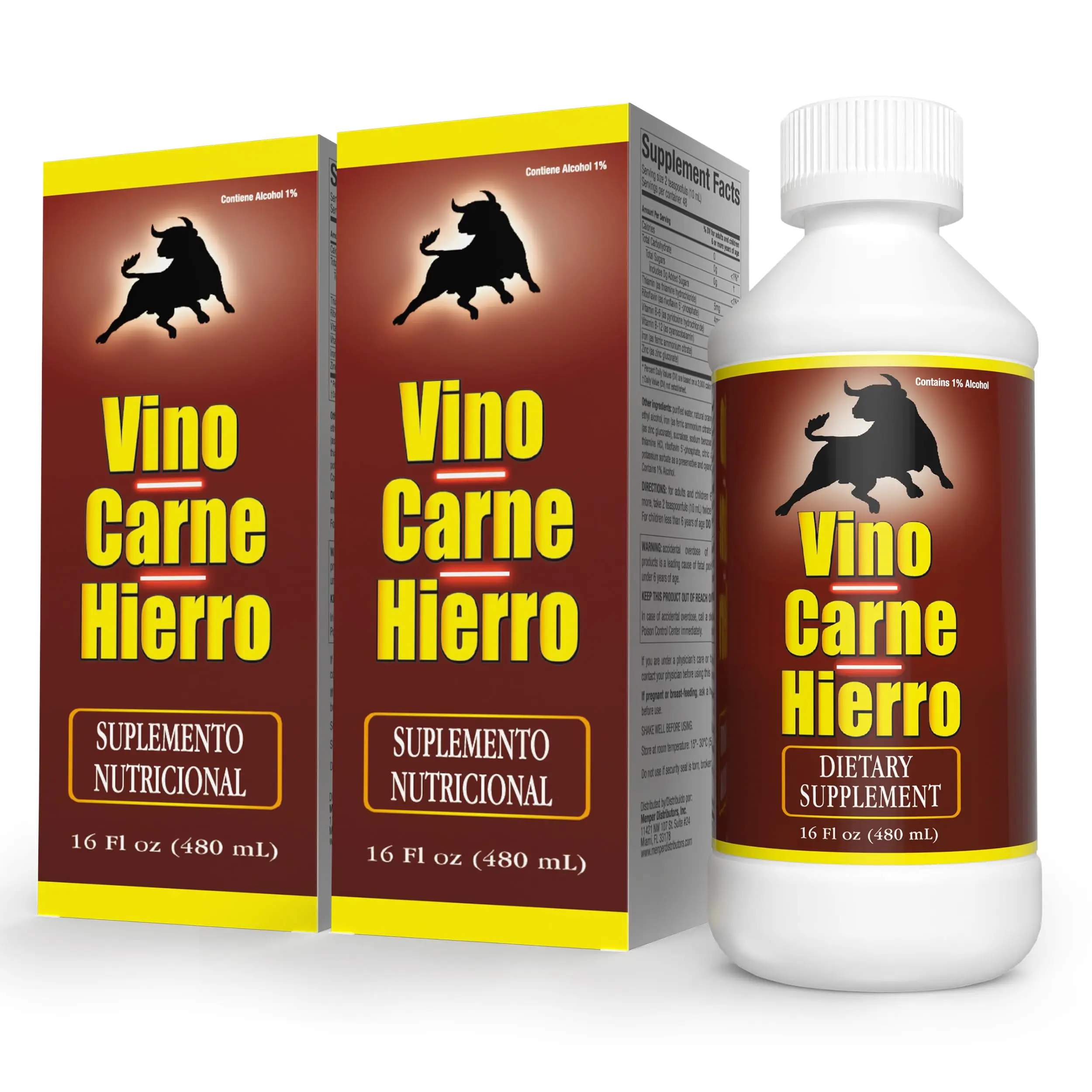 VINO CARNE HIERRO Edible Liquid Iron & Vitamin B12 Dietary Supplement - US Healthcare-Supported 2-Pack, Essential Minerals, Bottled, Multi-Ingredient, Vitamins Mineral Blend for Energy Boost & Healthy Red Blood Cells, Essential Minerals Supplement, Bottle
