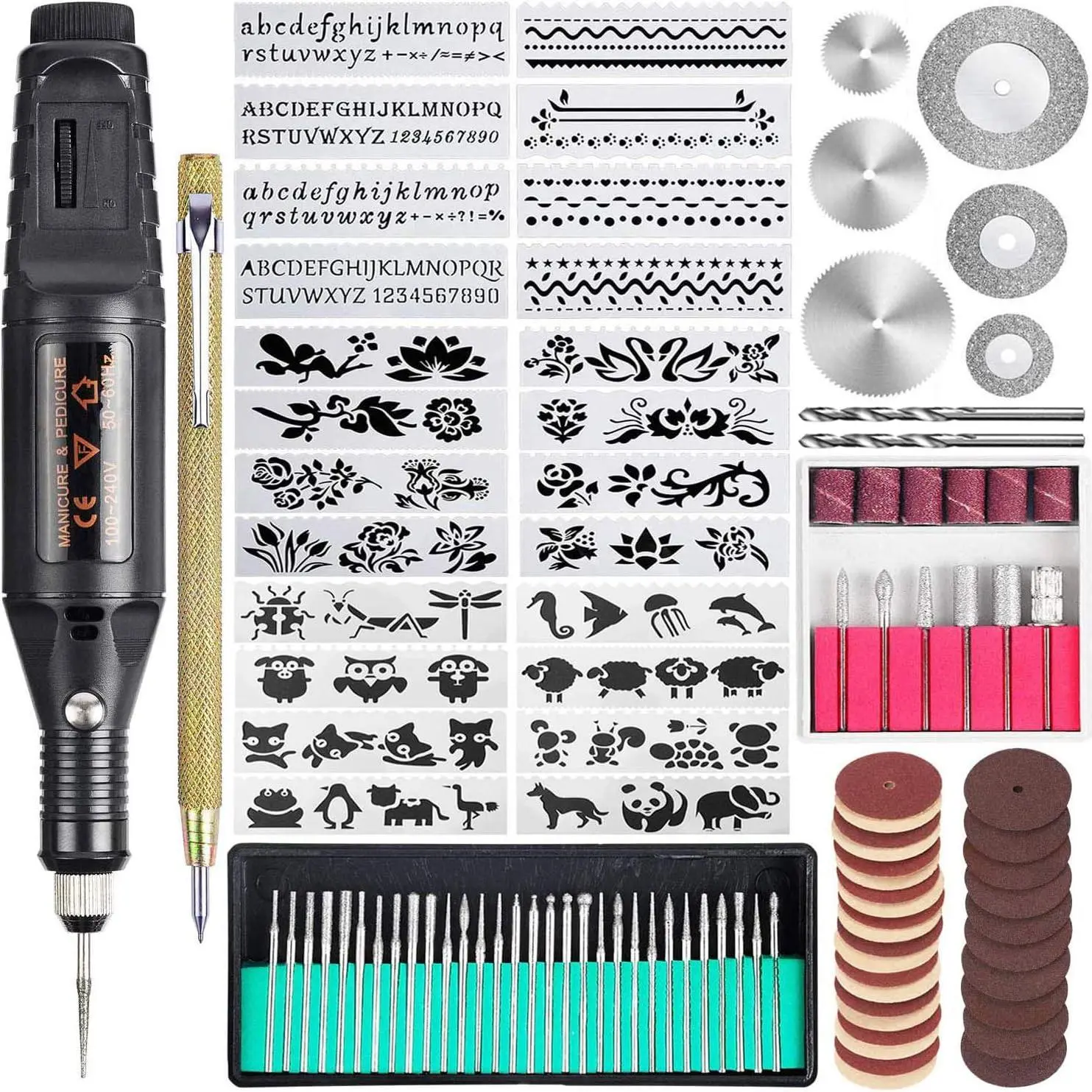 Corded Electric Micro Engraver Etching Pen Complete 108-Pcs DIY Engraver Tool Kit with Ergo Grip, Scriber, 82 Tools, Metal Bits, 24 Stencils for Jewelry, Glass (Black), Engraving Tools