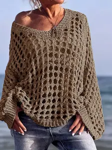 Women's Hollow Out V Neck Knit Sweater, Loose Batwing Sleeves, Shoulderless Boho Style, Long Sleeve, Casual Vacation Wear