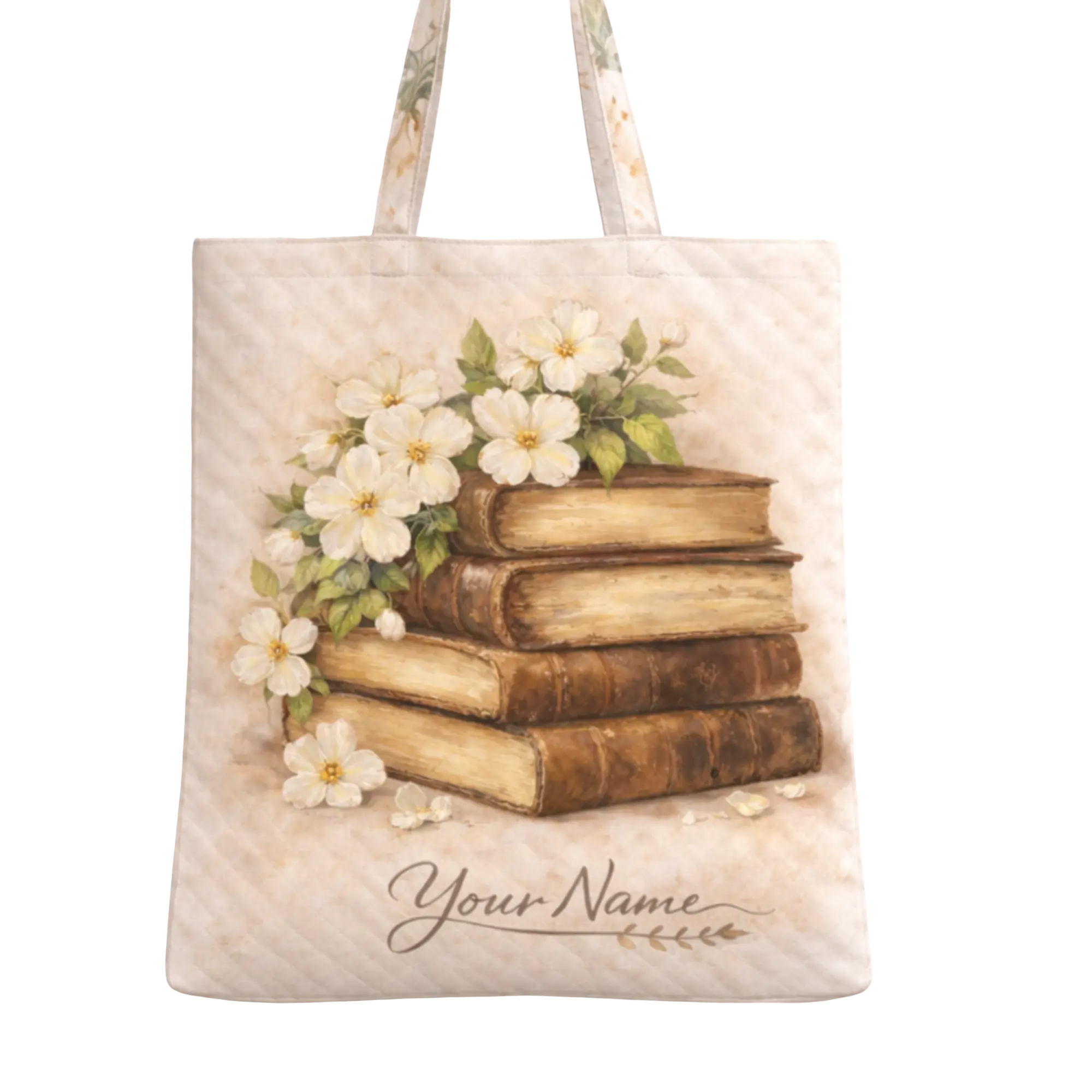 Personalized Floral Book Quilted Tote Bag - Custom Name Literary Everyday Tote Bag for Daily Use