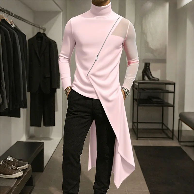 INCERUN Men's Fitted Long-Sleeve Black Casual Basic Shirt - Polyester Fabric, Simple Avant-Garde Top with Pink Zipper Mesh Splicing, Irregular Hem, Ideal for Spring-Autumn Casual Gatherings, M